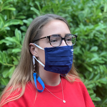 Face Mask Strap in blue with mask attached and worn round neck with mask on