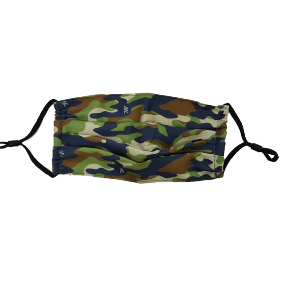 Pleated Face Mask in camo print with black elastic straps