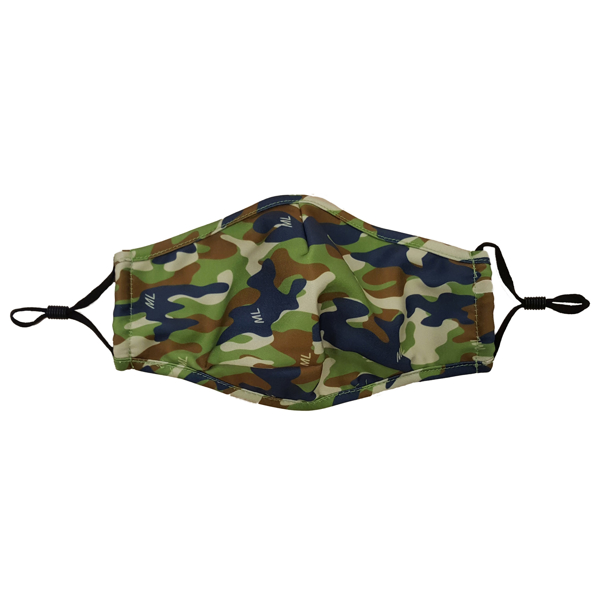 Pre-Shaped Face Mask in camo print with black elastic straps