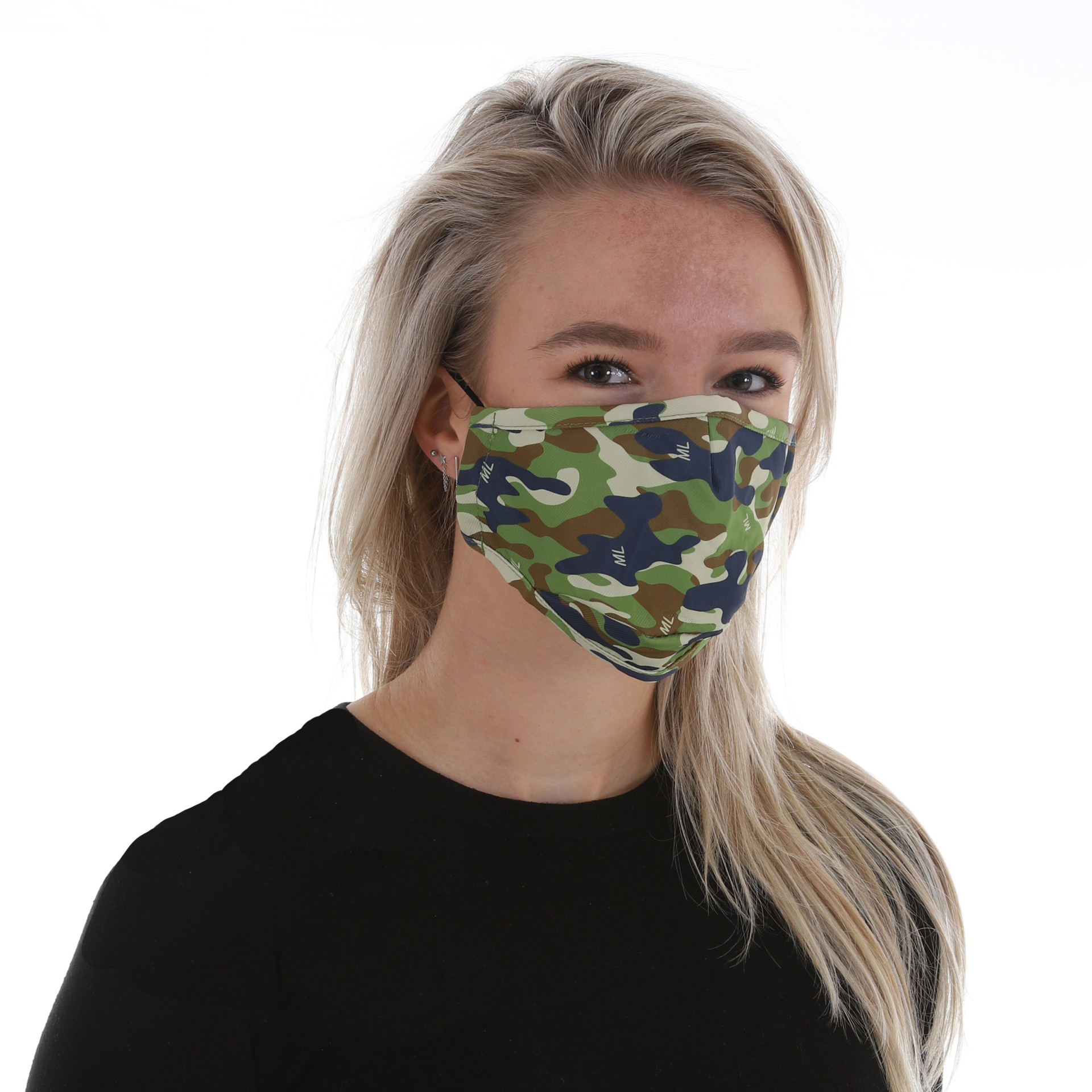 Pre-Shaped Face Mask in camo print being worn