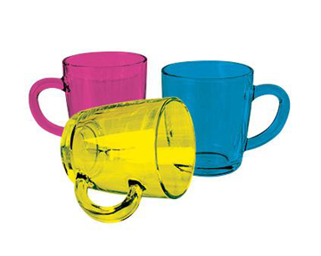Colour Coat Glass Mug in pink, blue and yellow