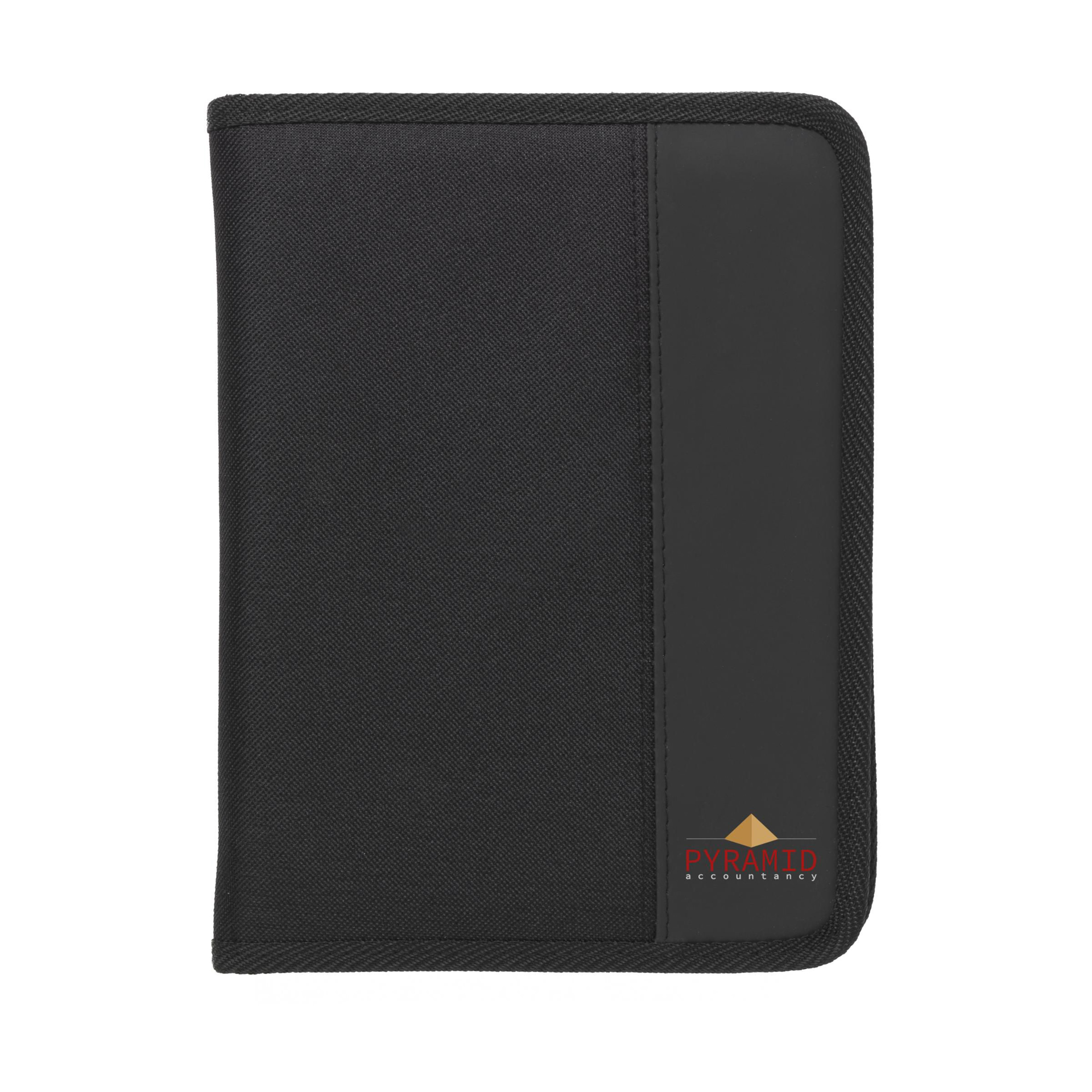 Noto Document Folder in black closed showing full colour print logo