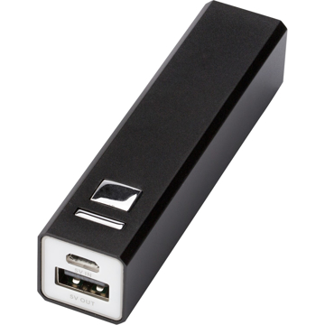 Aluminium Powerbank in black showing connectors