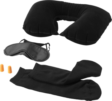 Toronto Travel Set showing black neck pillow, travel socks, eye mask and orange ear plugs