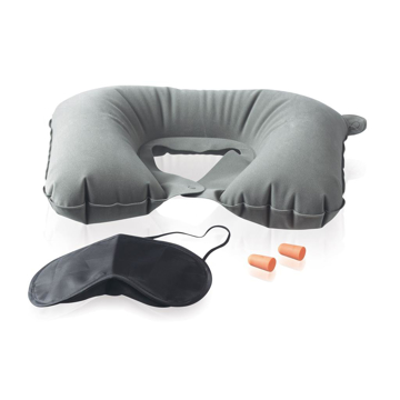 Traveller's comfort set showing grey neck pillow, black eye mask and orange ear plugs