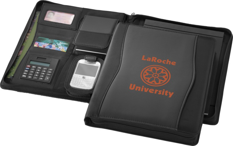 Wave A4 zipper portfolio in black showing inside and outside with 1 colour print logo
