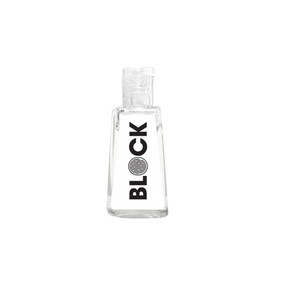 a small transparent bottle of hand gel with a black logo to the front