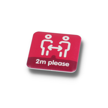 Show details for 37mm Social Distancing Badge a pink square badge promoting social distancing