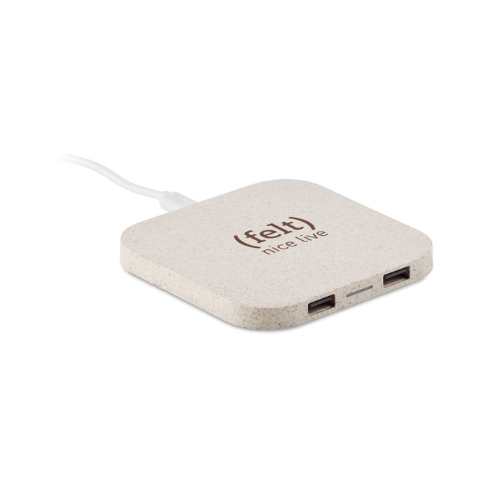 2 USB Ports Wheat Straw Wireless Charging Pad in beige with 1 colour print logo