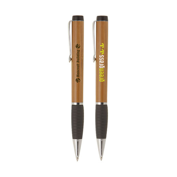 Bamboo ball pen with black grip and silver clip with colour print logos