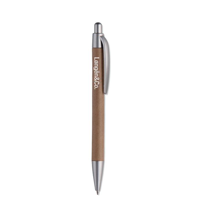 Push Ball Pen with Carton Barrel with silver details and 1 colour print logo