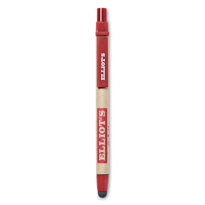 Recycled Barrel Push Ball Pen with Touch Tip with red details and showing different print options