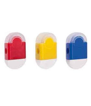 three erasers in plastic casing shown in blue red and yellow