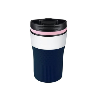 A travel mug with blue silicone sleeve and pink lid rim