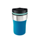 A travel mug with blue silicone sleeve and blue lid rim
