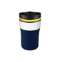 A travel mug with blue silicone sleeve and yellow lid rim