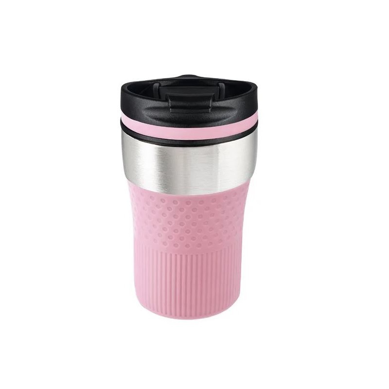 A travel mug with pink silicone sleeve and pink lid rim