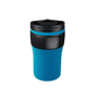 A travel mug with blue silicone sleeve and matching blue lid rim
