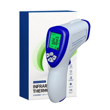 thermometer gun in front of packaging