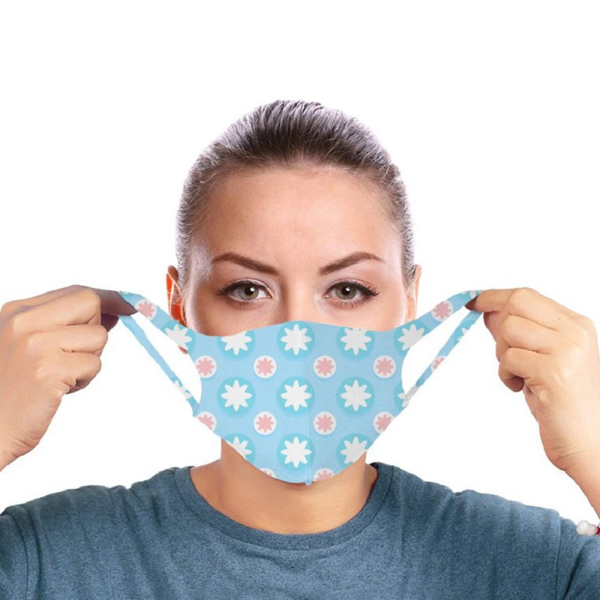 a blue branded reusable face covering