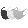 three reusable face coverings in grey black and white