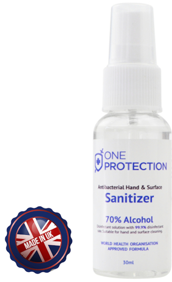 a small spray hand sanitiser with a uk made sticker