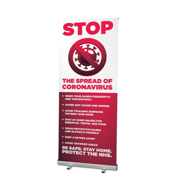 roller banner with branding to encourage social distancing
