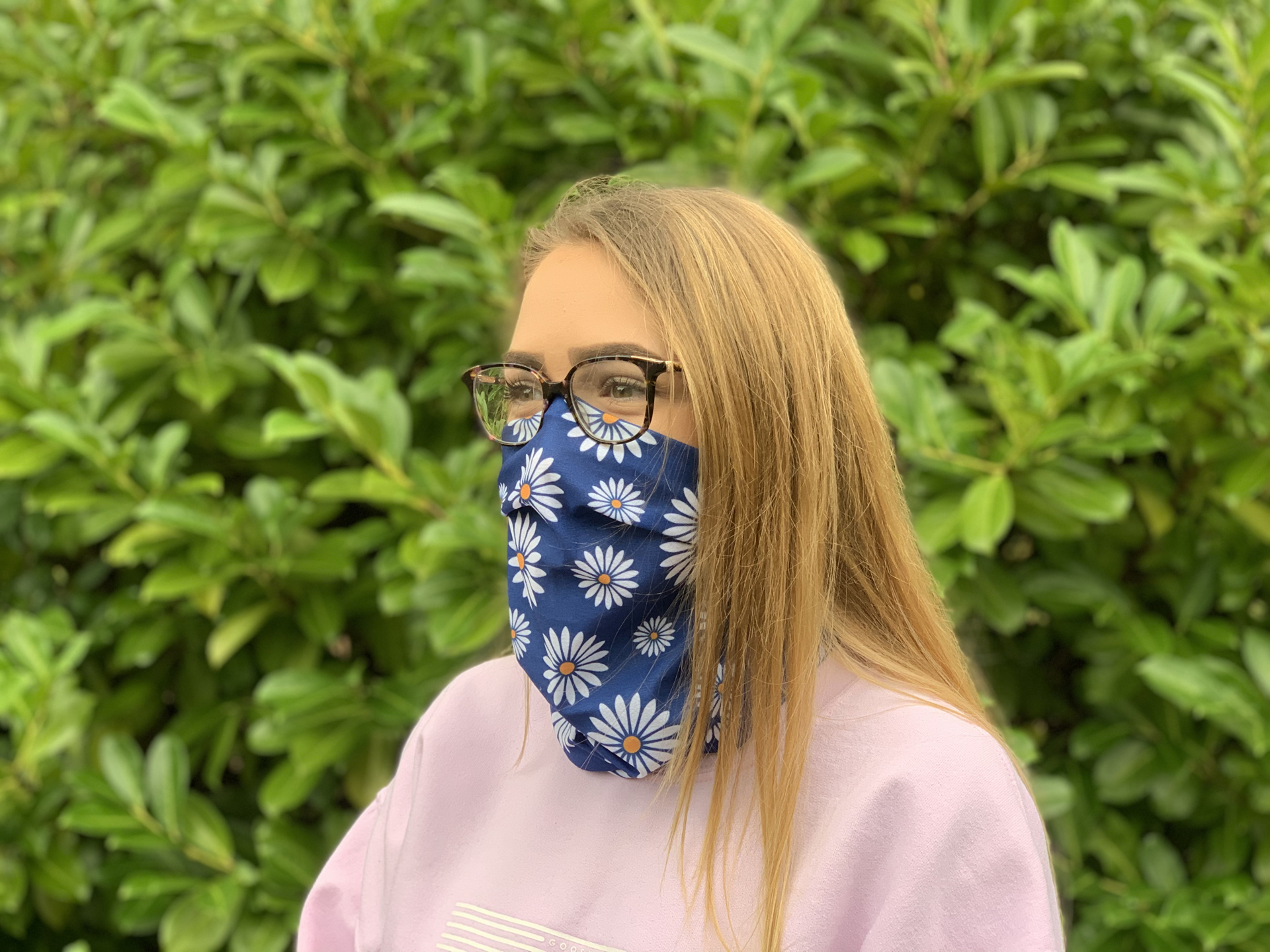 a full colour printed snood being worn angled to the side