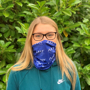 a blue full colour printed snood being worn