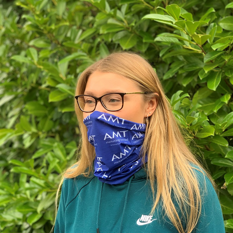 a blue full colour printed snood being worn angled to the side