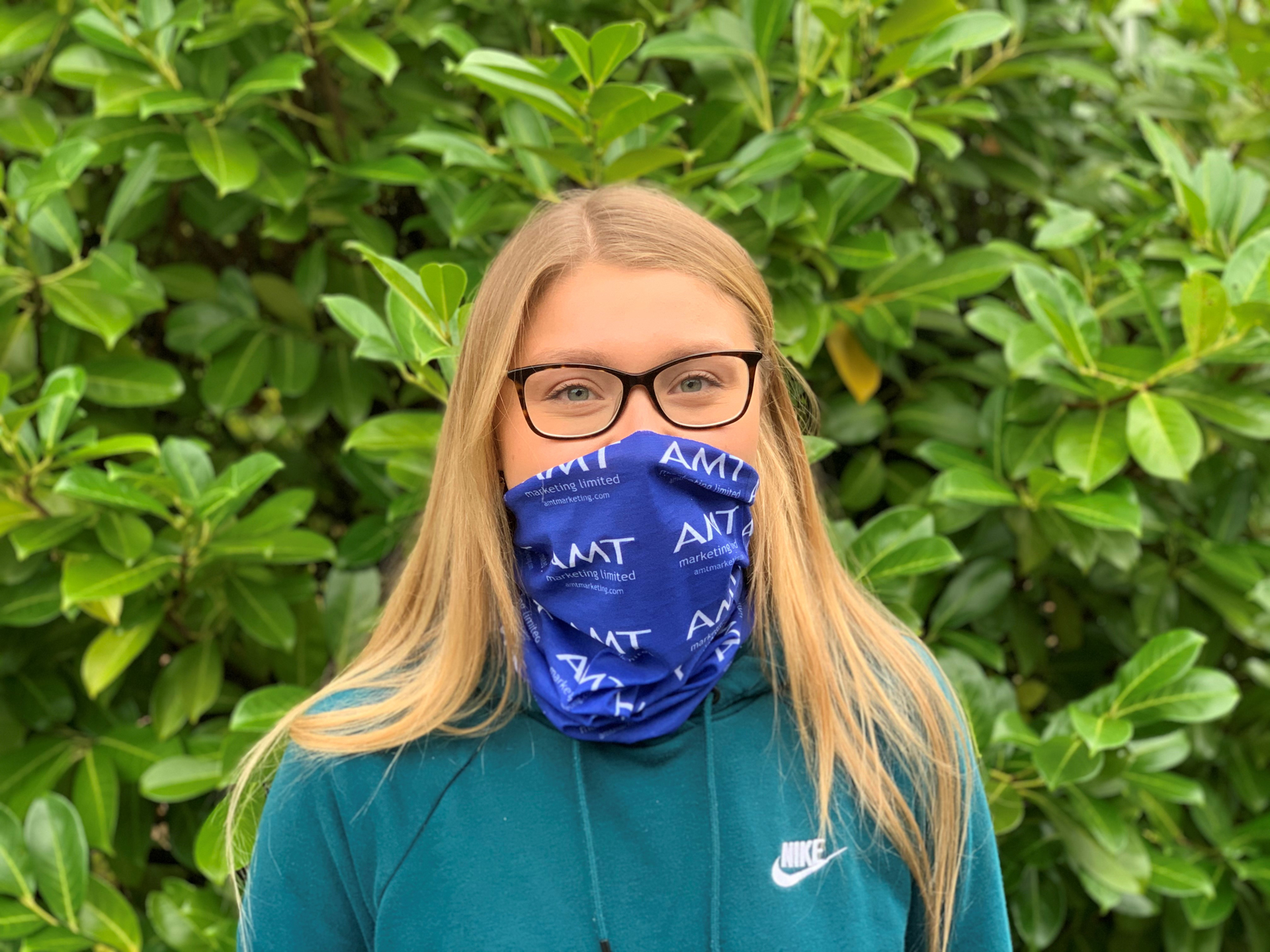 girl wearing full colour printed snood with blue amt design