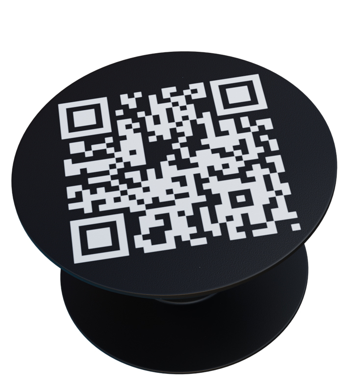 a black pop socket with a qr code to the front