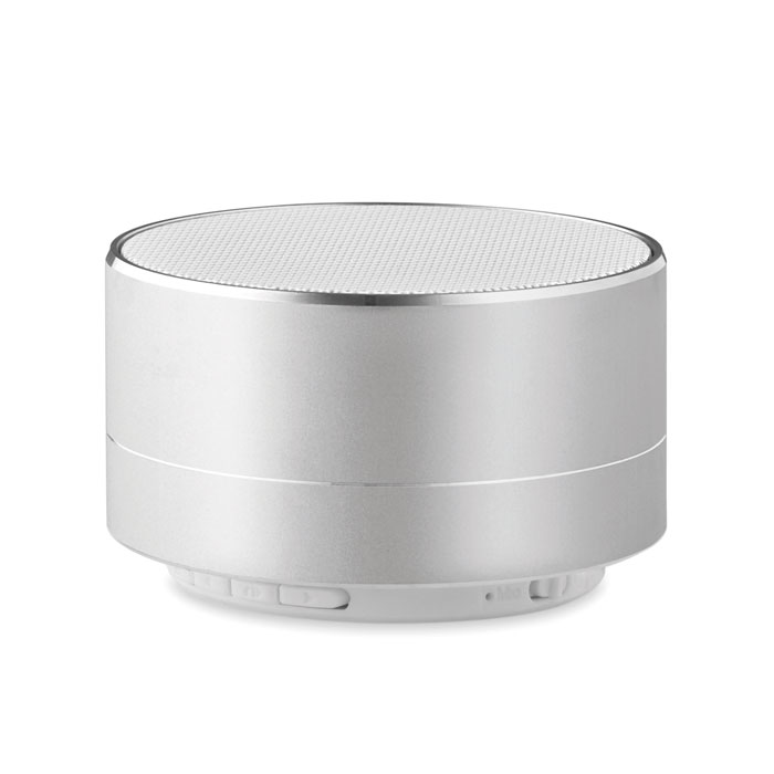 a silver metallic bluetooth speaker