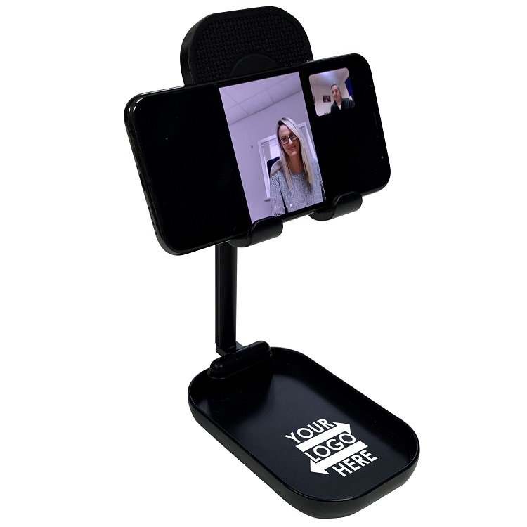 black adjustable phone stand with phone video call side on