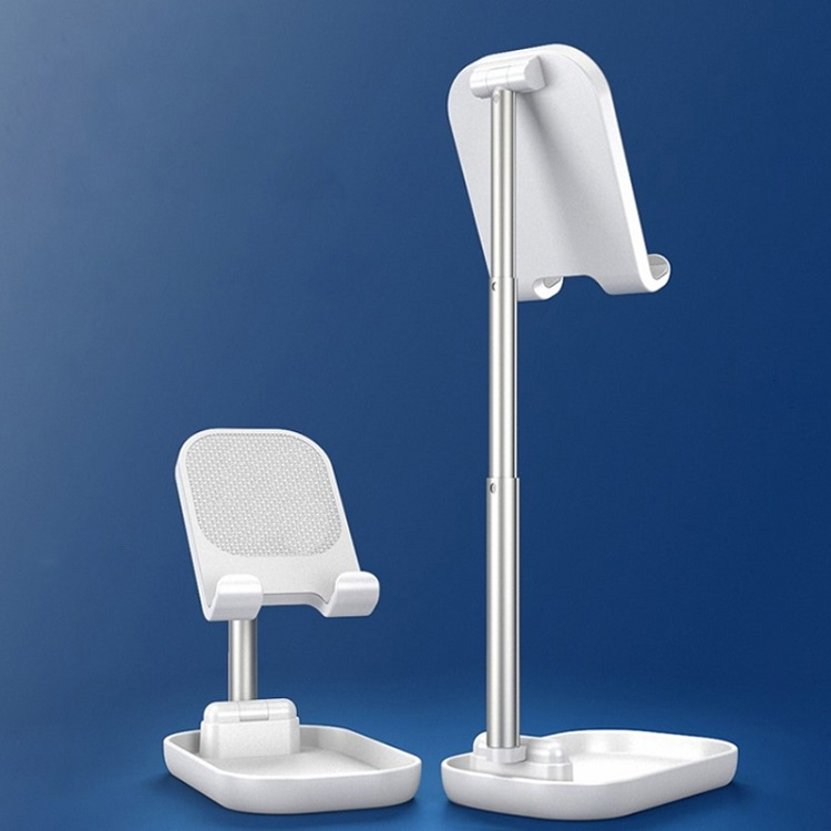 two white adjustable phone stands at different heights and angles
