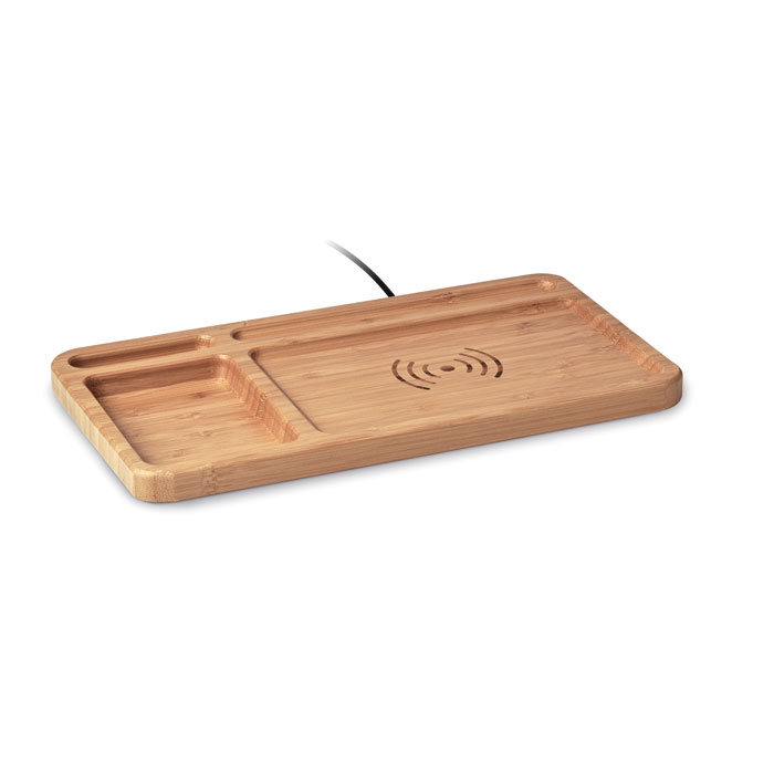 an empty bamboo desktop organiser with wireless charger