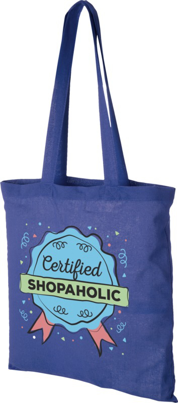 Royal Blue reusable shopper bag with blue handles and large print to the front