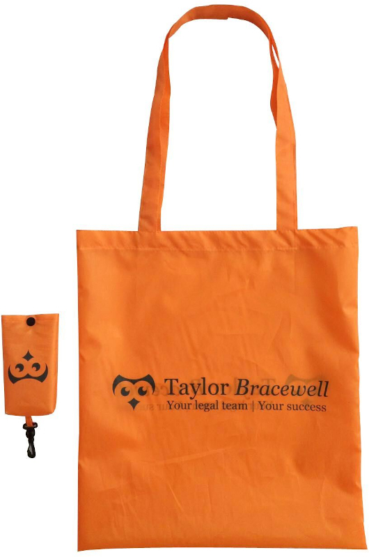 Orange long handled foldable shopping bag with storage pouch, both branded with a company logo.
