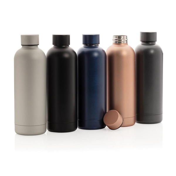 a group of 5 metal bottle in different colours