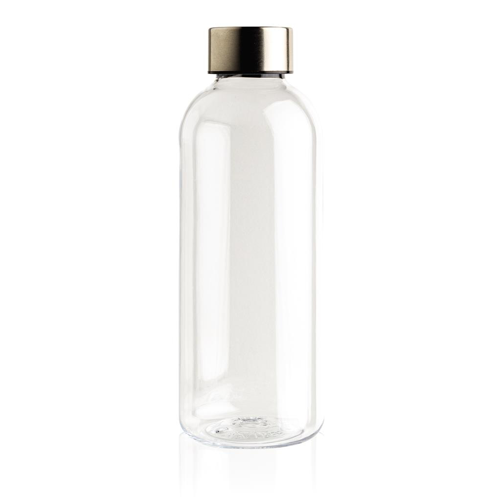 leakproof water bottle with metallic lid in transparent