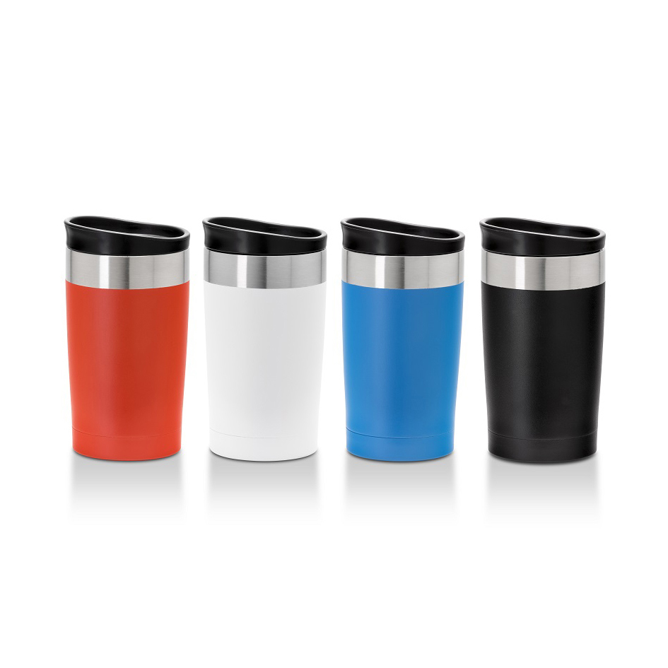 Arusha 350ml stainless steel cup showing various colours