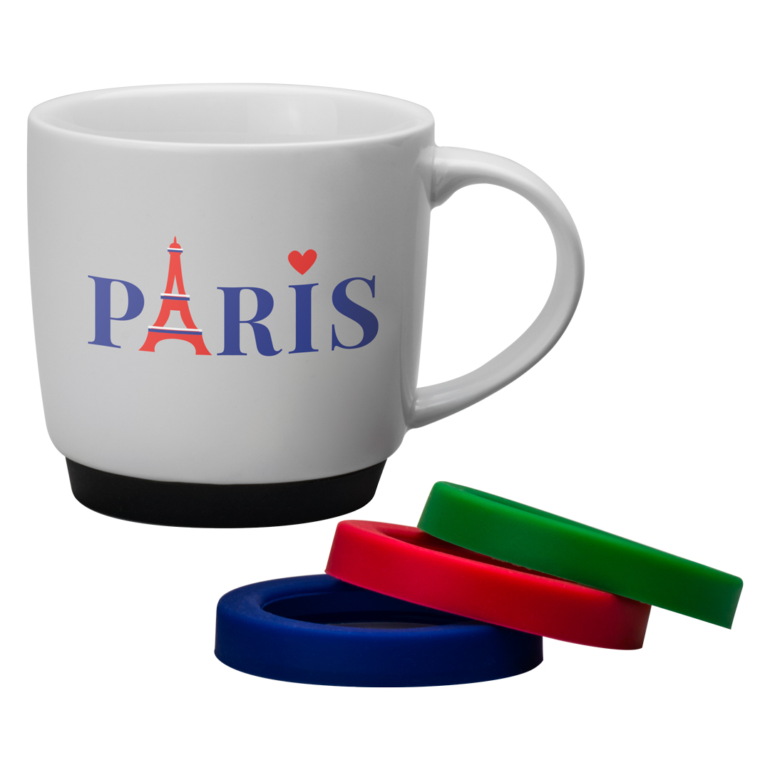 Paris Mug in with with full colour print and showing coloured bases