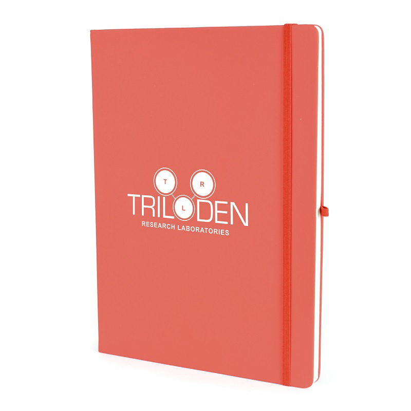 red a4 notebook with white logo