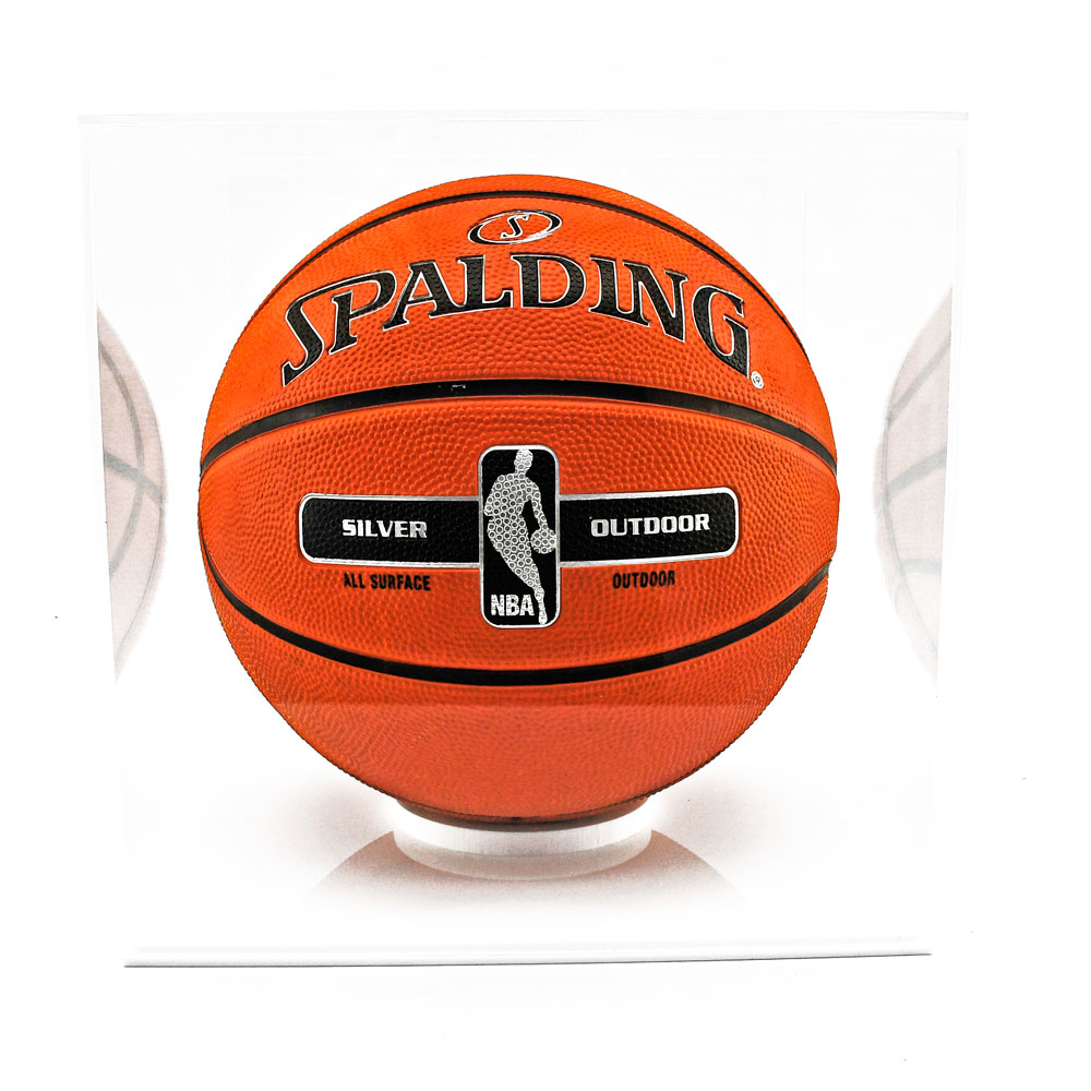 Acrylic Basketball Display Case with basketball on white base front on