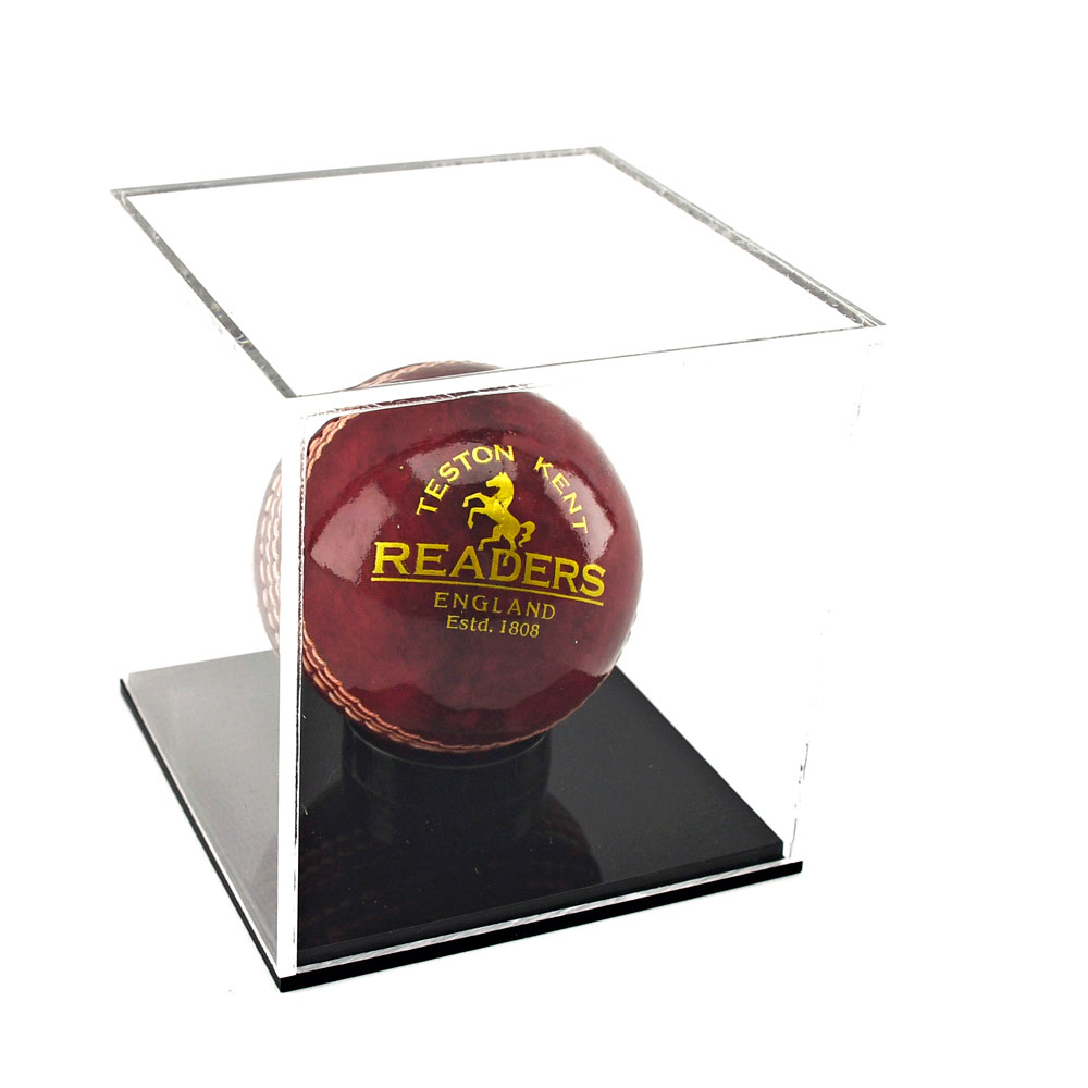 Acrylic Cricket Ball Display Case with cricket ball on black base
