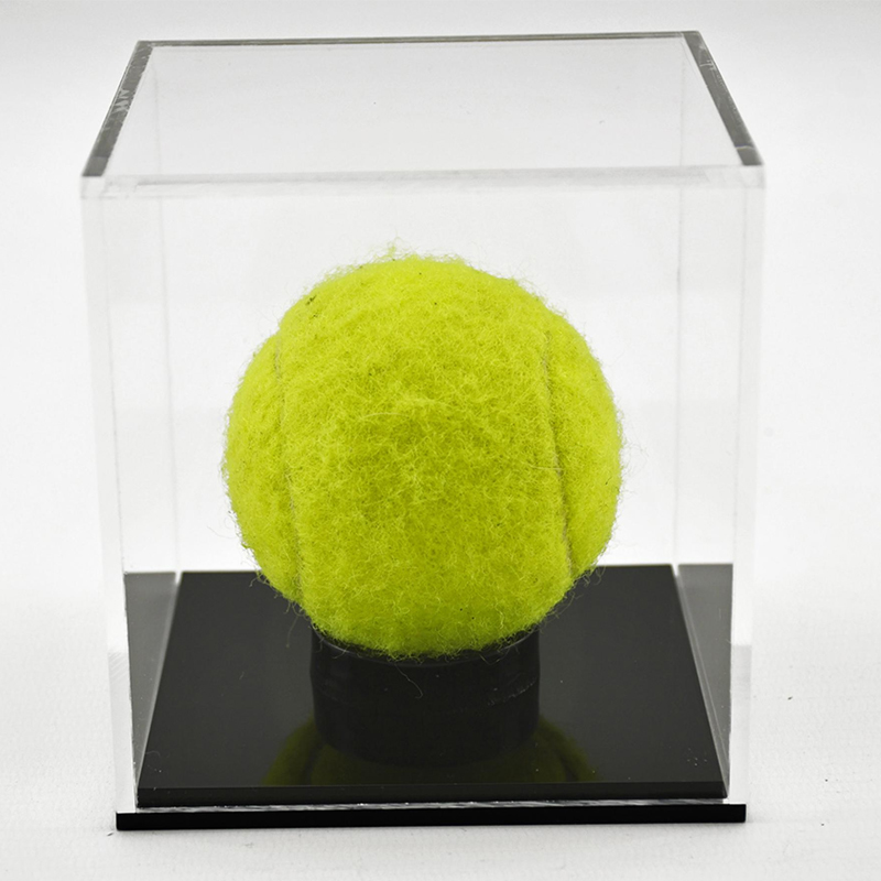 Acrylic Tennis Ball Display Case with tennis ball on black base front on
