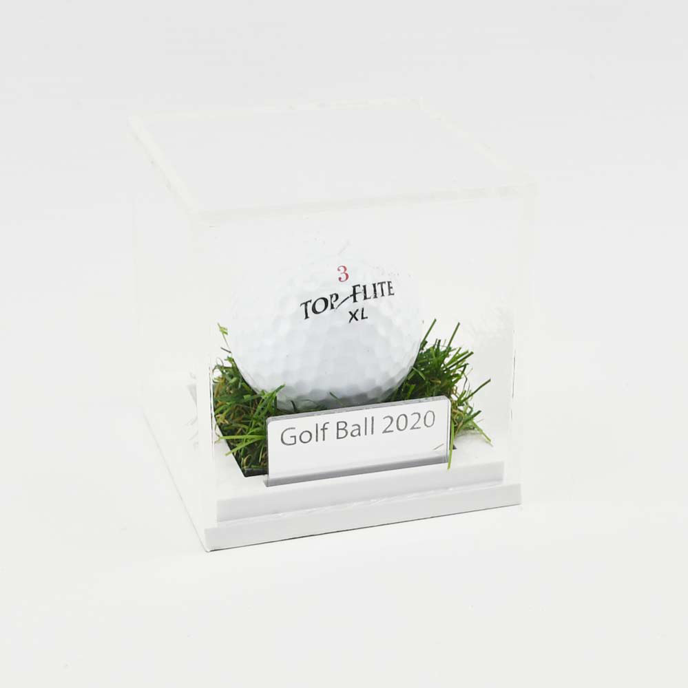 Golf Ball Display Case with golf ball on grass base with engraved plaque sowing different angle