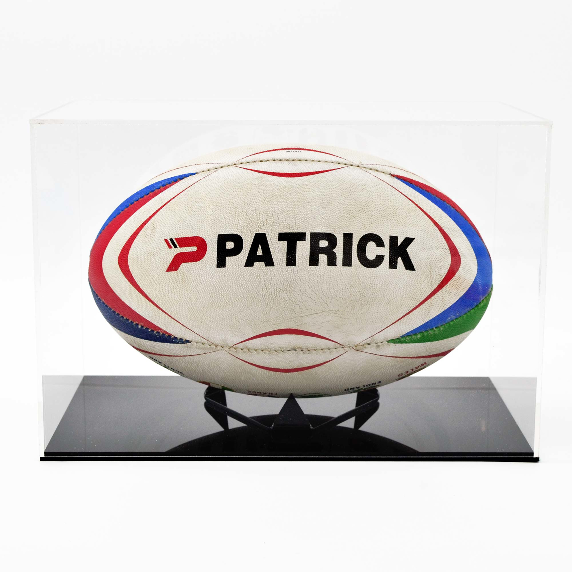 Rugby Ball Display Case with black base and ball laid horizontally