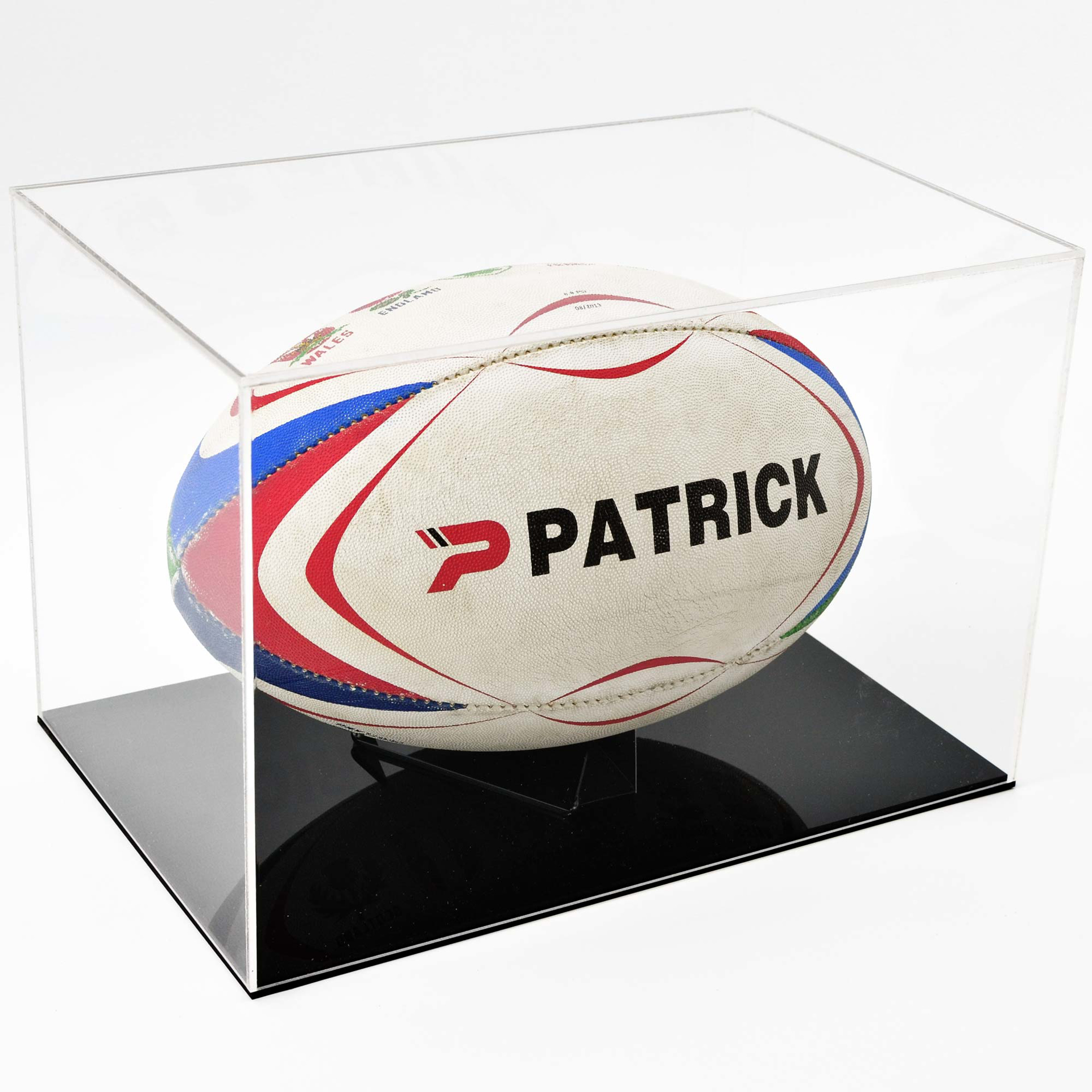 Rugby Ball Display Case with black base and ball laid horizontally