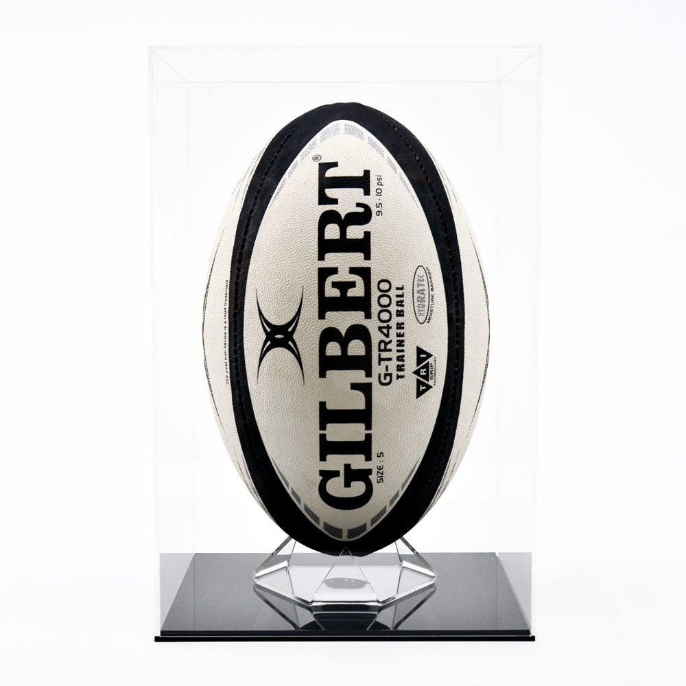 Rugby Ball Display Case with black base and ball stood up vertically